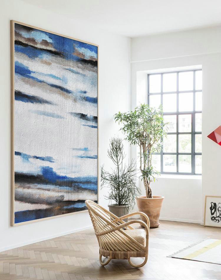 Large Abstract Art,Oversized Abstract Landscape Painting,Acrylic Minimailist Painting,Blue,White,Grey,Brown.etc